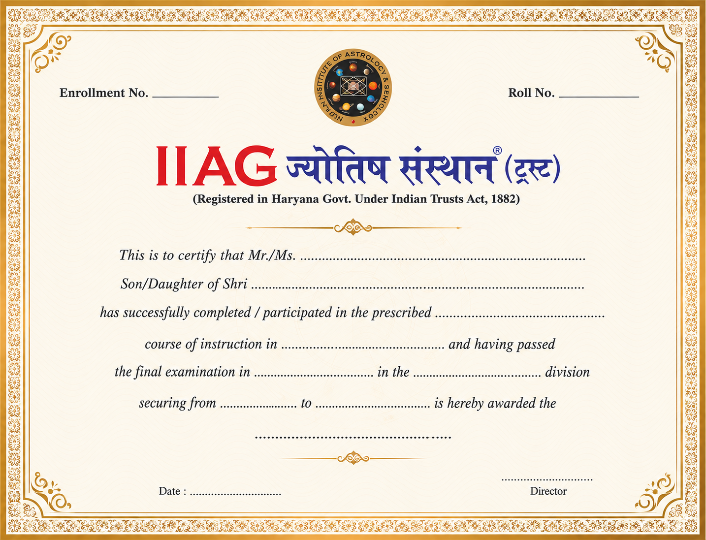 Chakra healing course completion certificate from IIAG JYOTISH SANSTHAN