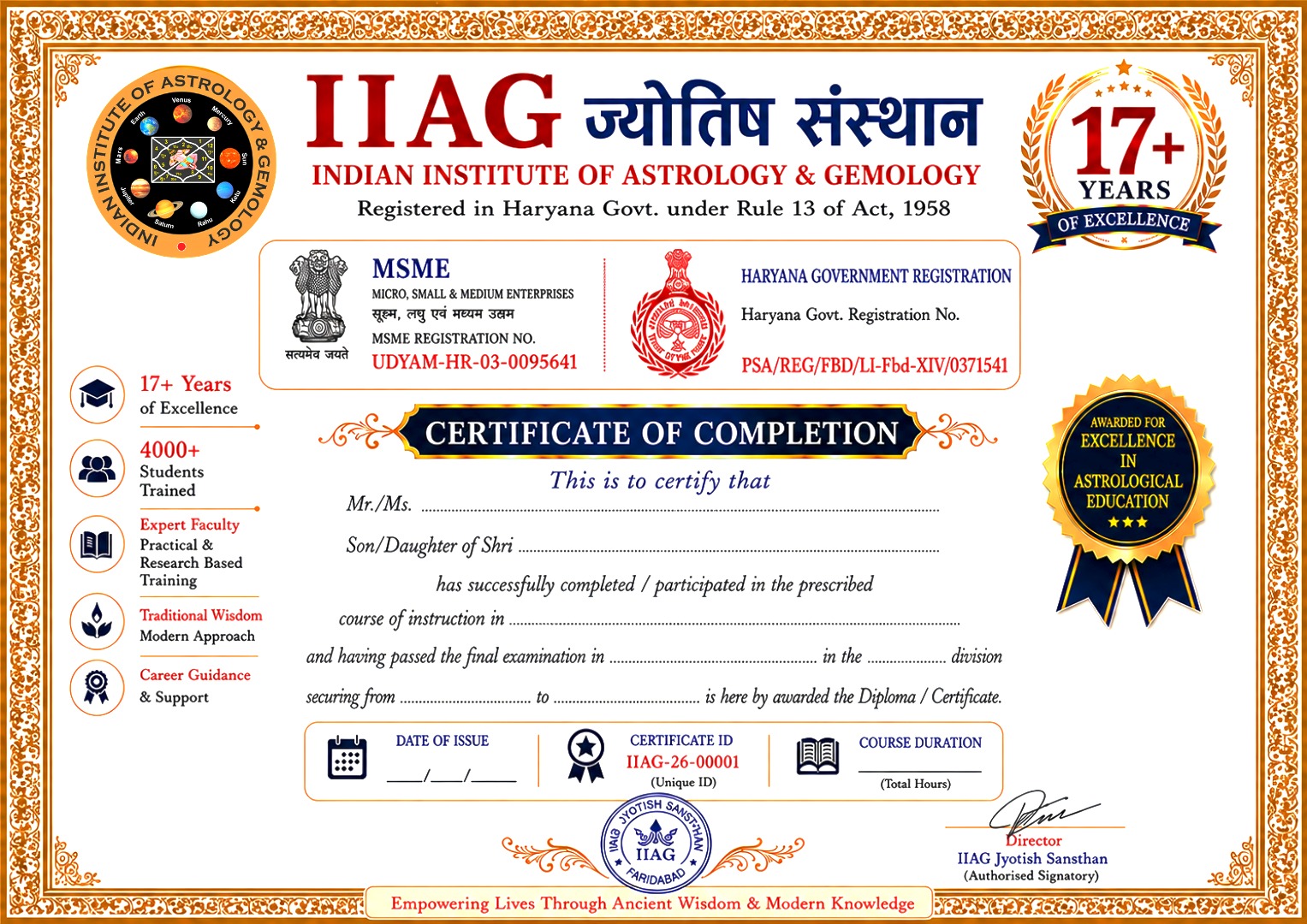 Chakra healing course completion certificate from IIAG JYOTISH SANSTHAN
